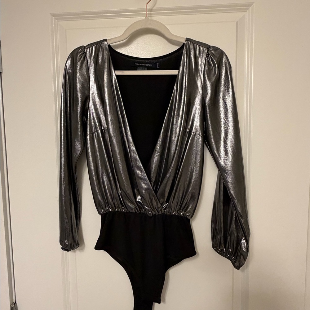 French Connection Metallic Silver Bodysuit